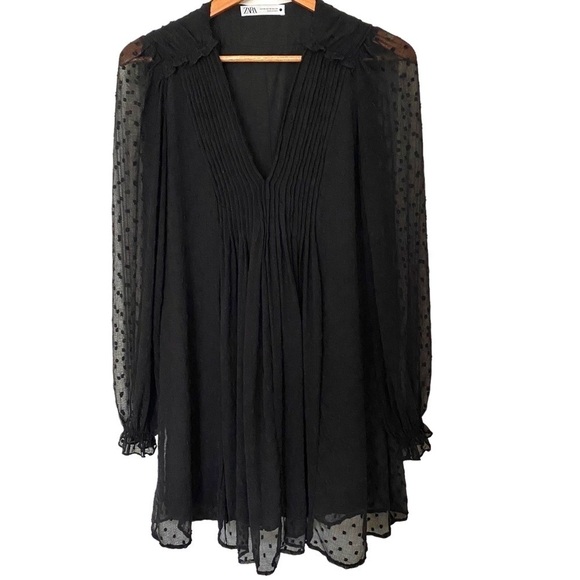 Zara Pleated Black Swiss Dot Sheer Mini Dress, Size X-Small - Picture 2 of 13